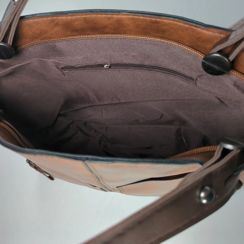 Brown Soft Vegan Leather Satchel Handbag Multi-Pocket Organizer Purse NEW